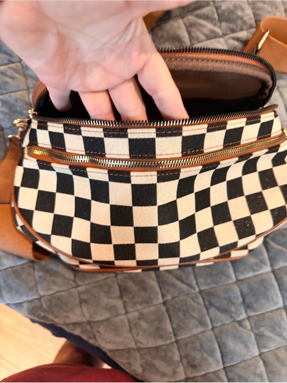 Checkerboard Canvas Crossbody Bag in Black & Cream